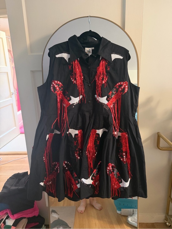 QUEEN OF SPARKLES Dresses & Skirts - Black Sleeveless Dress with Red Sequin Cowboy Boots and Fringe